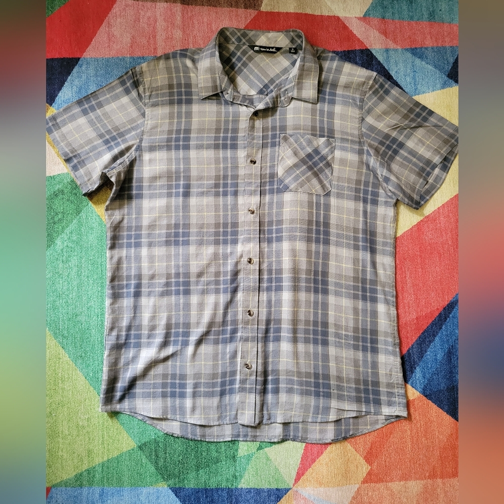 Travis Mathew Pre-owned Shirt Men Gray/Blue Stripe Sz XL Button Up Short Sleeve